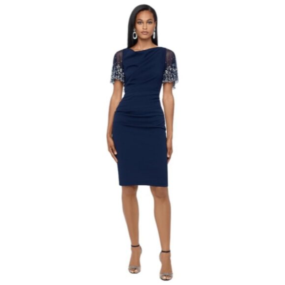**Betsy & Adam** Women's Short Scuba Crepe Dress with Beaded Sleeve 10 - Picture 1 of 8